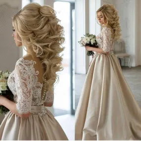 Champagne Sheer Lace Top Ball Gown Wedding Dress with Sleeves