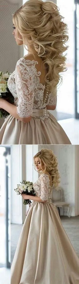 Champagne Sheer Lace Top Ball Gown Wedding Dress with Sleeves