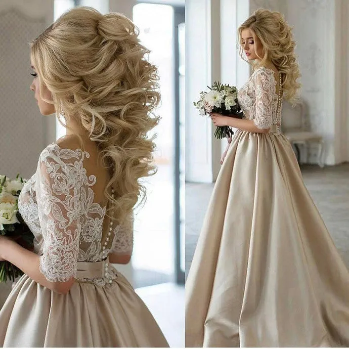 Champagne Sheer Lace Top Ball Gown Wedding Dress with Sleeves