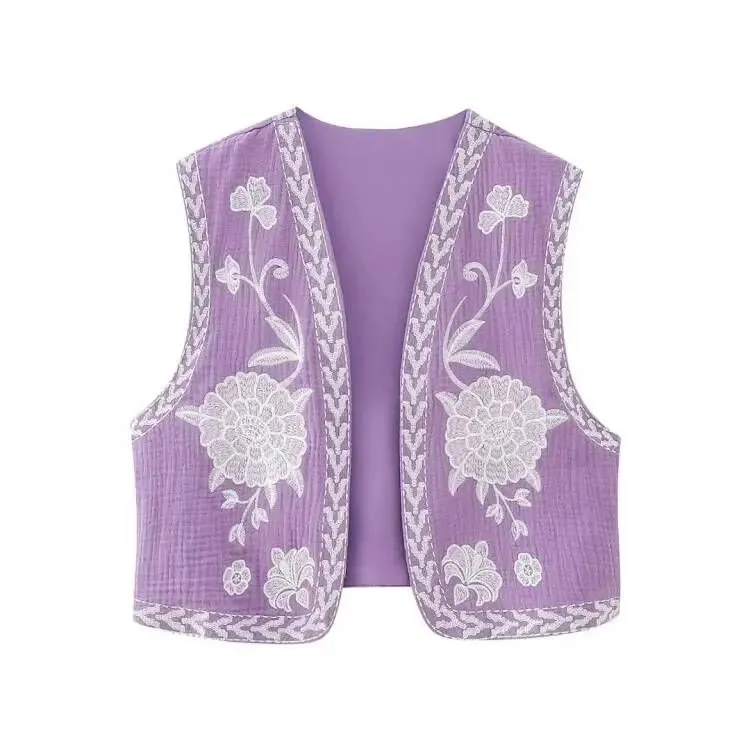 Cute Ladies Vintage Floral Embroidered Open Crop Top vest