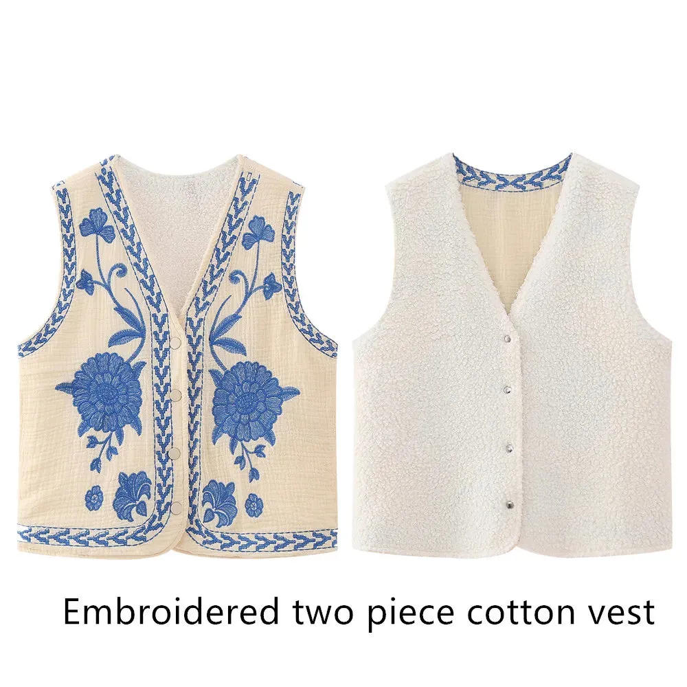 Cute Ladies Vintage Floral Embroidered Open Crop Top vest