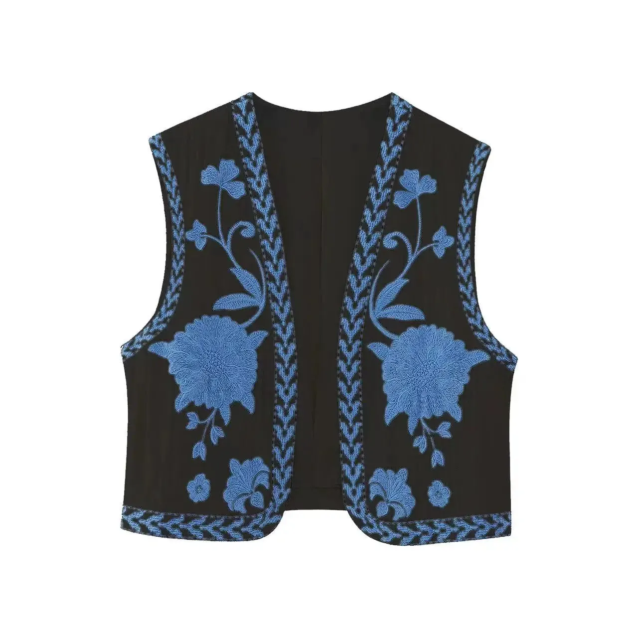 Cute Ladies Vintage Floral Embroidered Open Crop Top vest