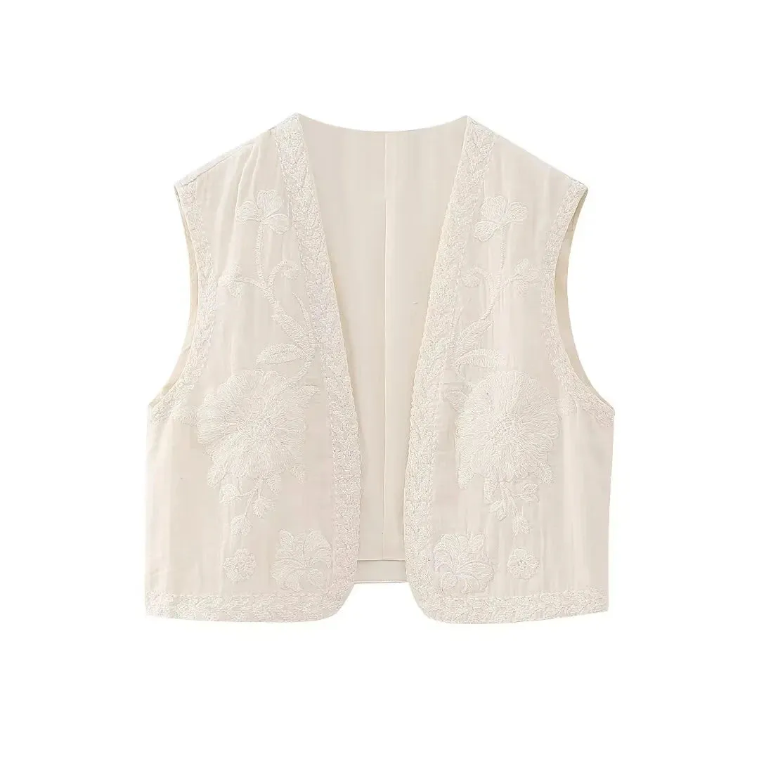Cute Ladies Vintage Floral Embroidered Open Crop Top vest