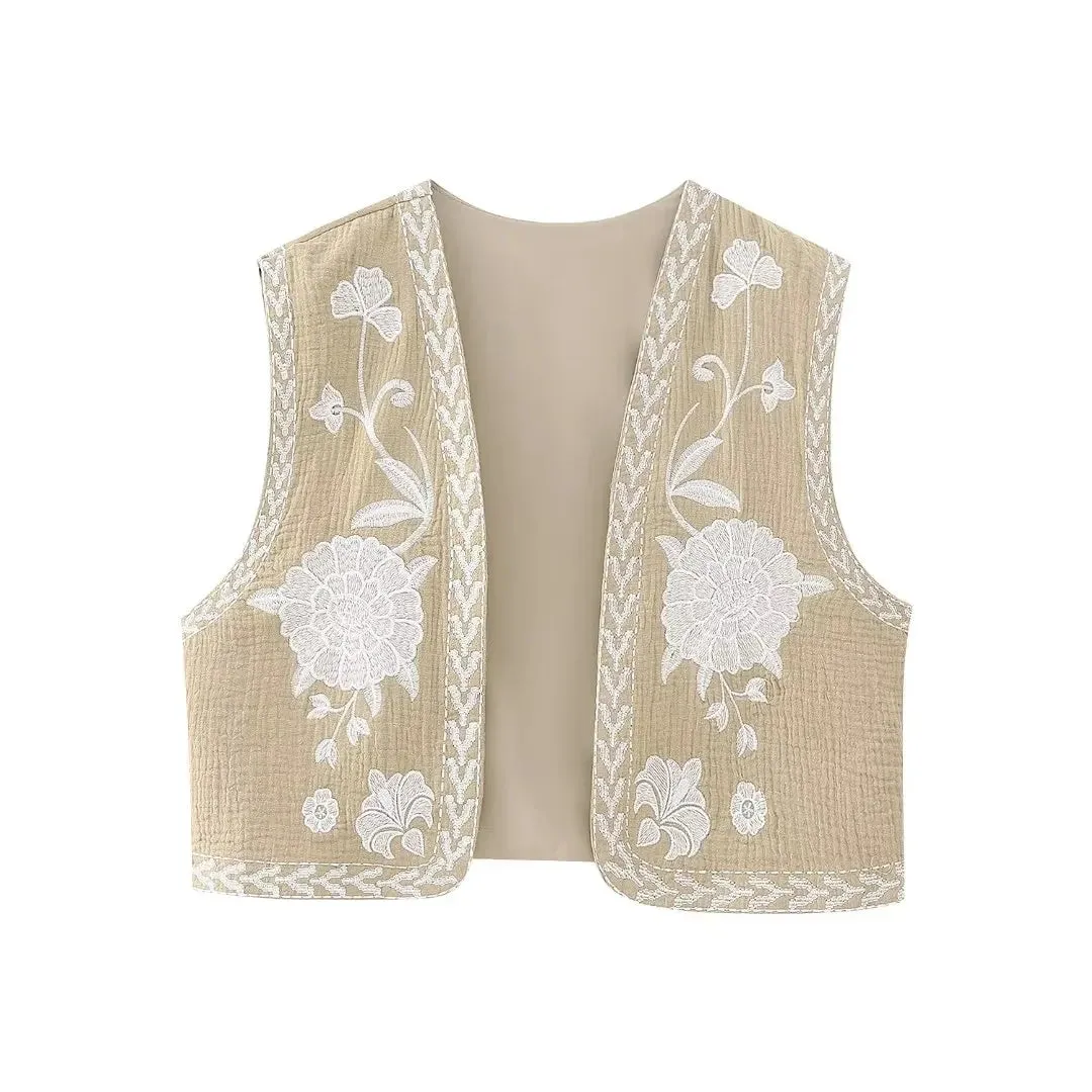 Cute Ladies Vintage Floral Embroidered Open Crop Top vest