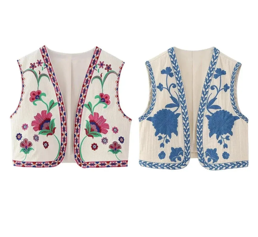 Cute Ladies Vintage Floral Embroidered Open Crop Top vest