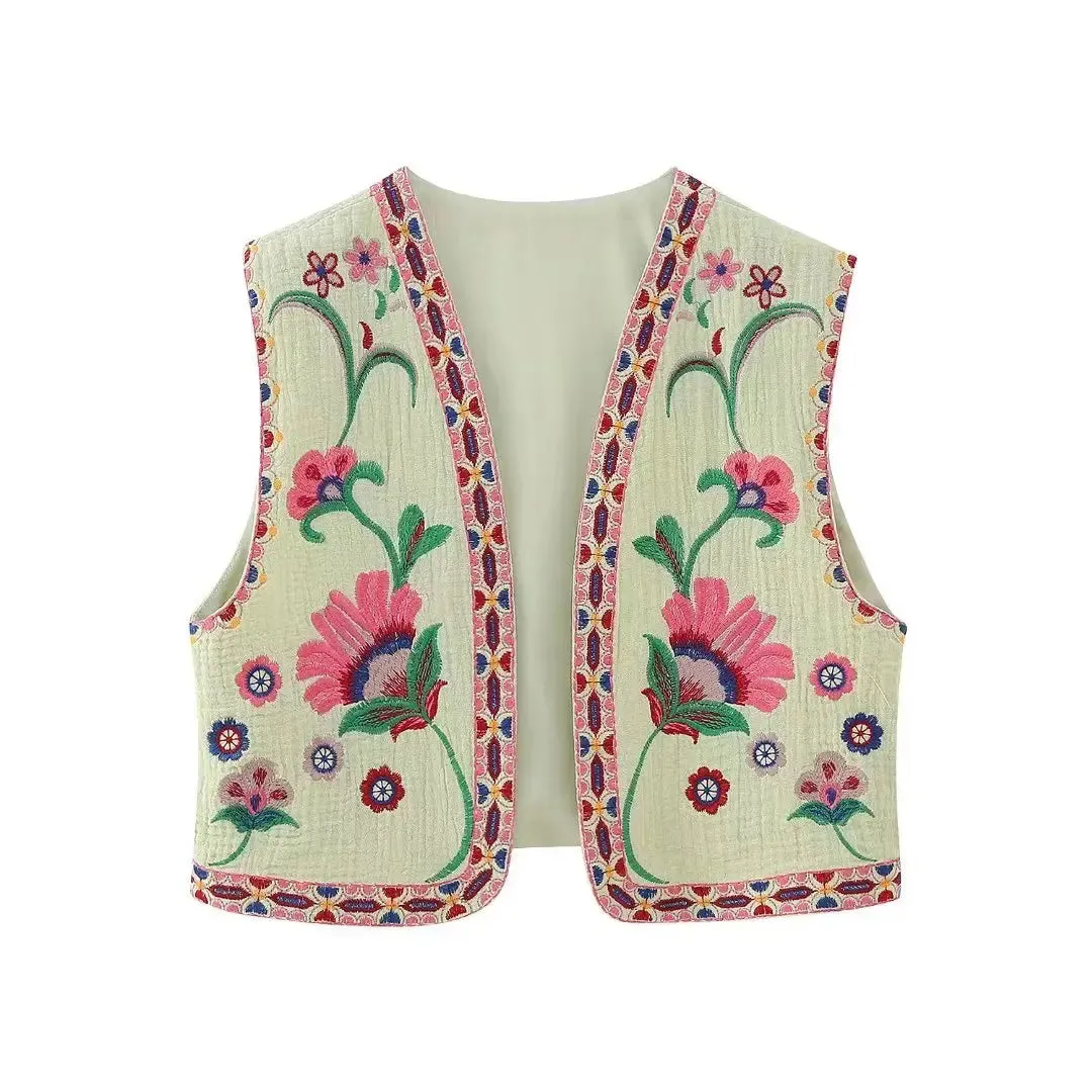 Cute Ladies Vintage Floral Embroidered Open Crop Top vest