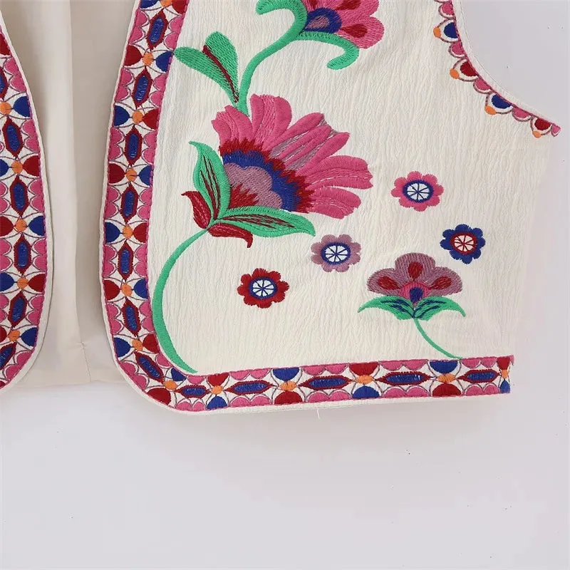 Cute Ladies Vintage Floral Embroidered Open Crop Top vest