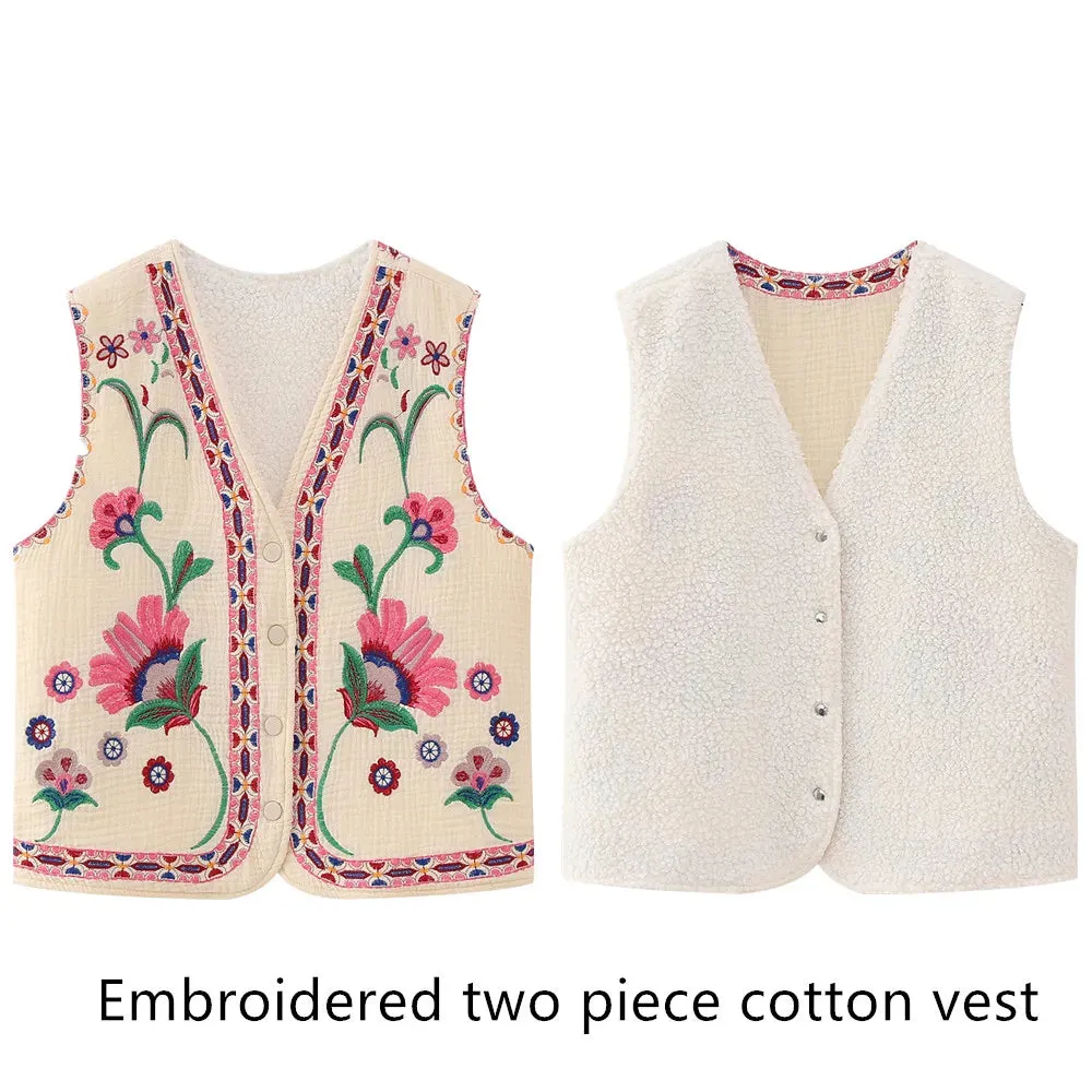 Cute Ladies Vintage Floral Embroidered Open Crop Top vest
