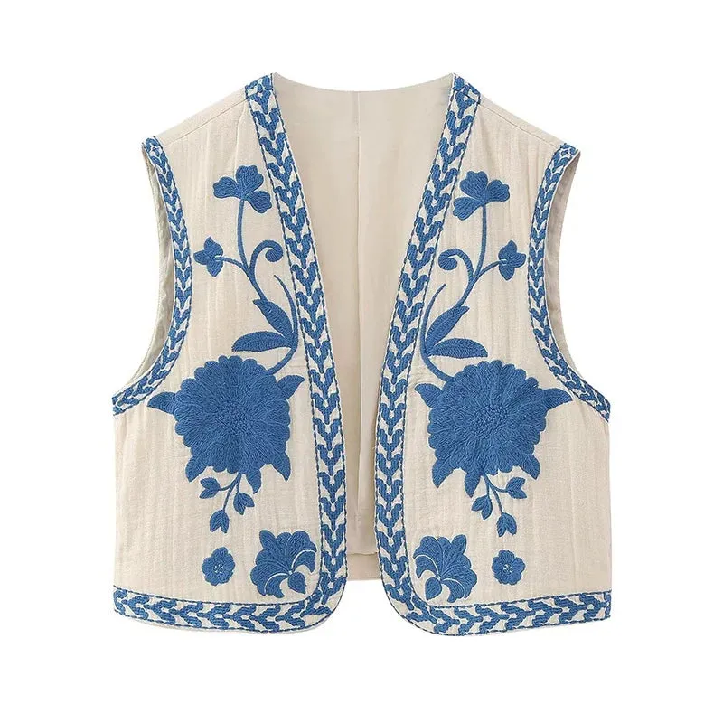 Cute Ladies Vintage Floral Embroidered Open Crop Top vest