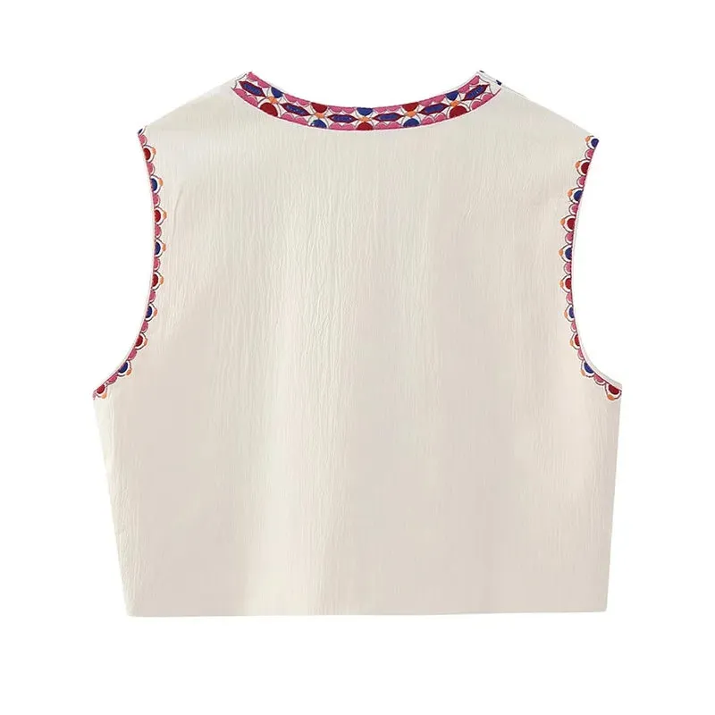 Cute Ladies Vintage Floral Embroidered Open Crop Top vest