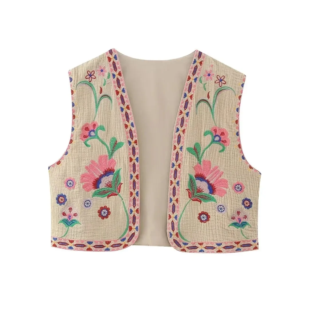 Cute Ladies Vintage Floral Embroidered Open Crop Top vest