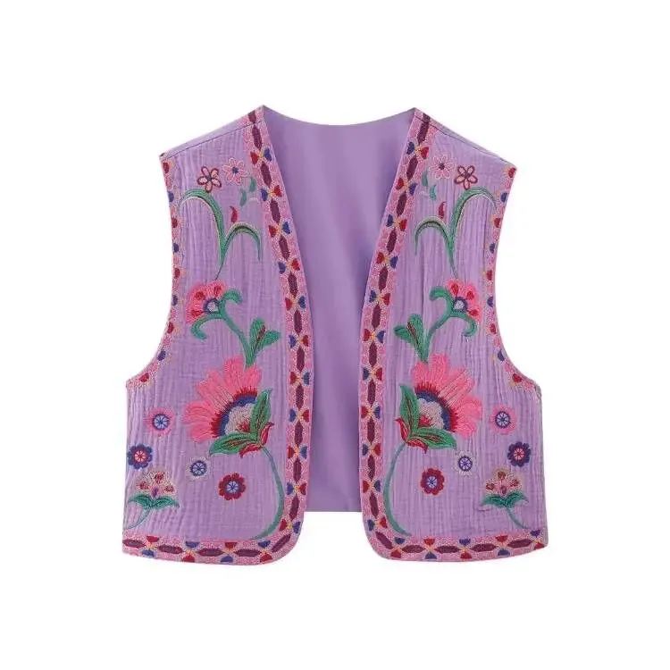 Cute Ladies Vintage Floral Embroidered Open Crop Top vest