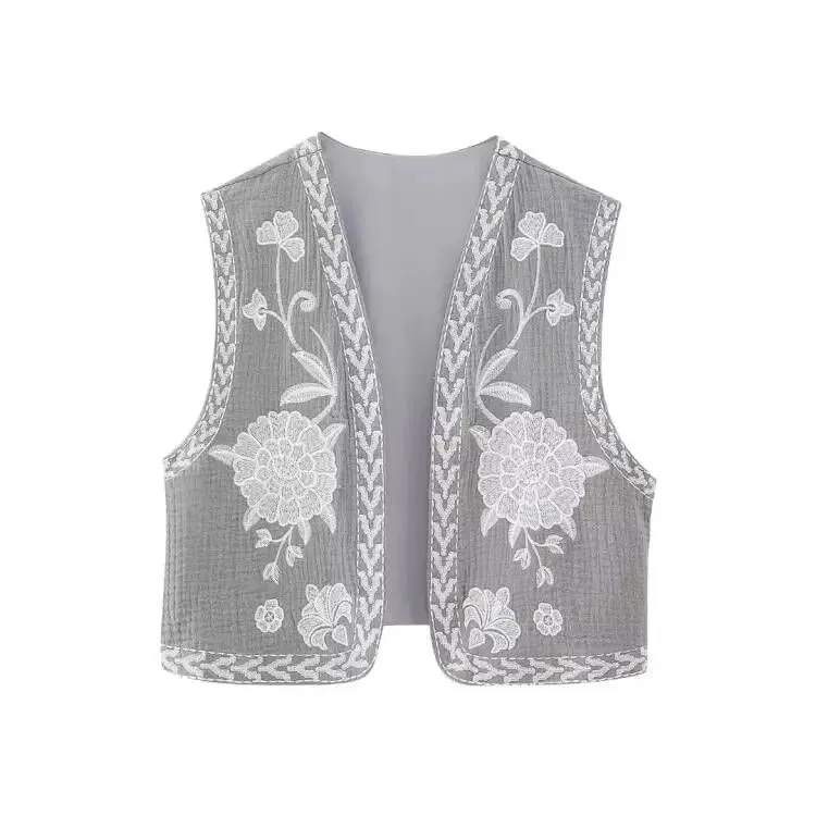 Cute Ladies Vintage Floral Embroidered Open Crop Top vest