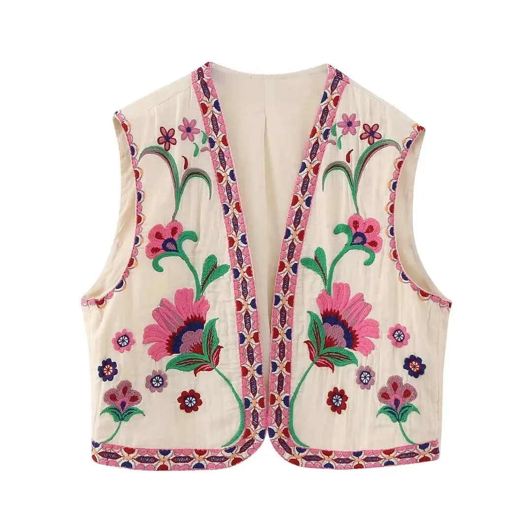 Cute Ladies Vintage Floral Embroidered Open Crop Top vest