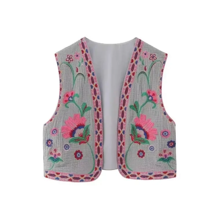 Cute Ladies Vintage Floral Embroidered Open Crop Top vest