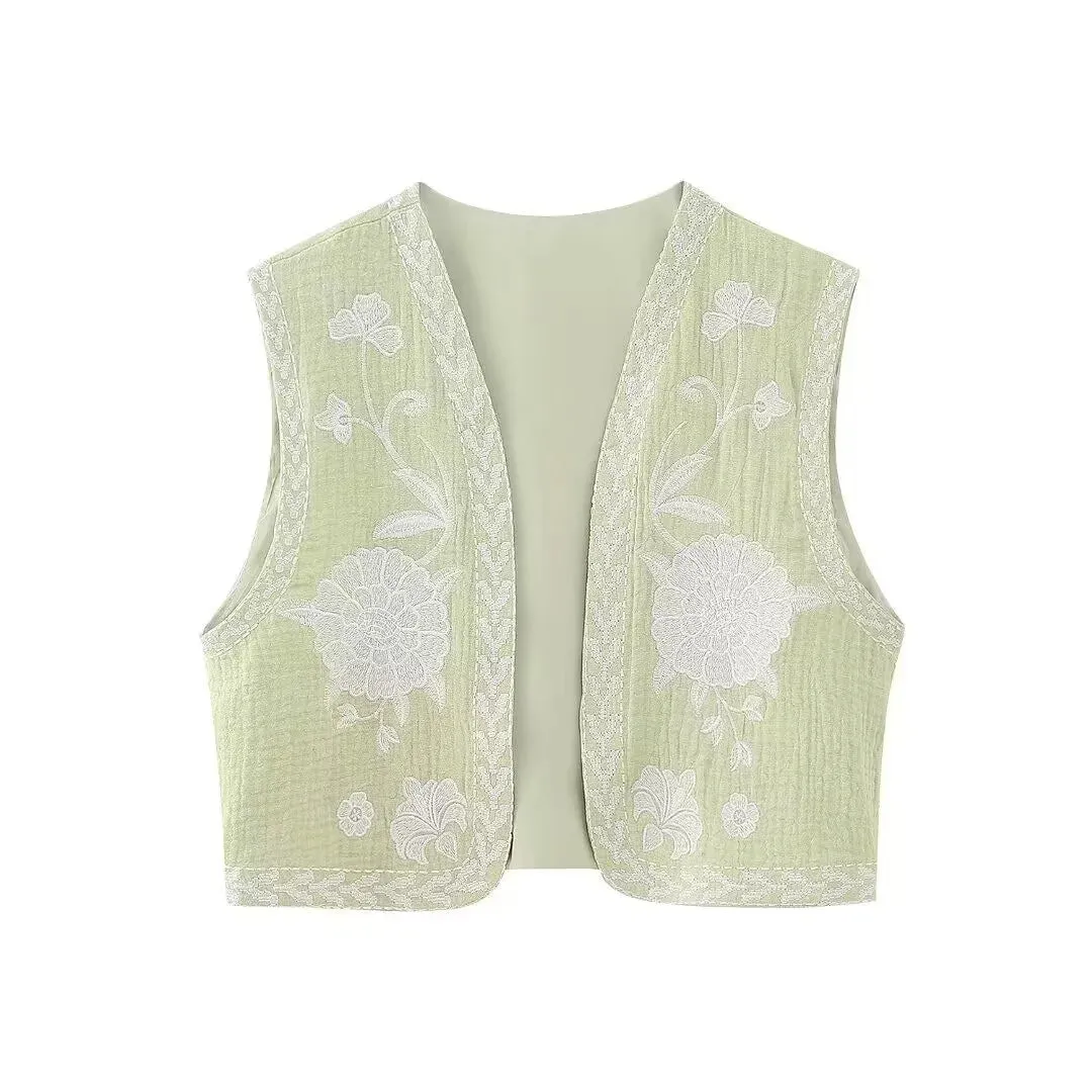 Cute Ladies Vintage Floral Embroidered Open Crop Top vest