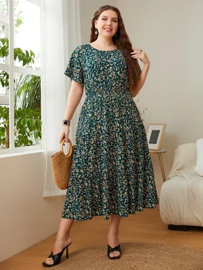 Ditsy Floral Ruffle Hem Plus Size Women's Midi Dress