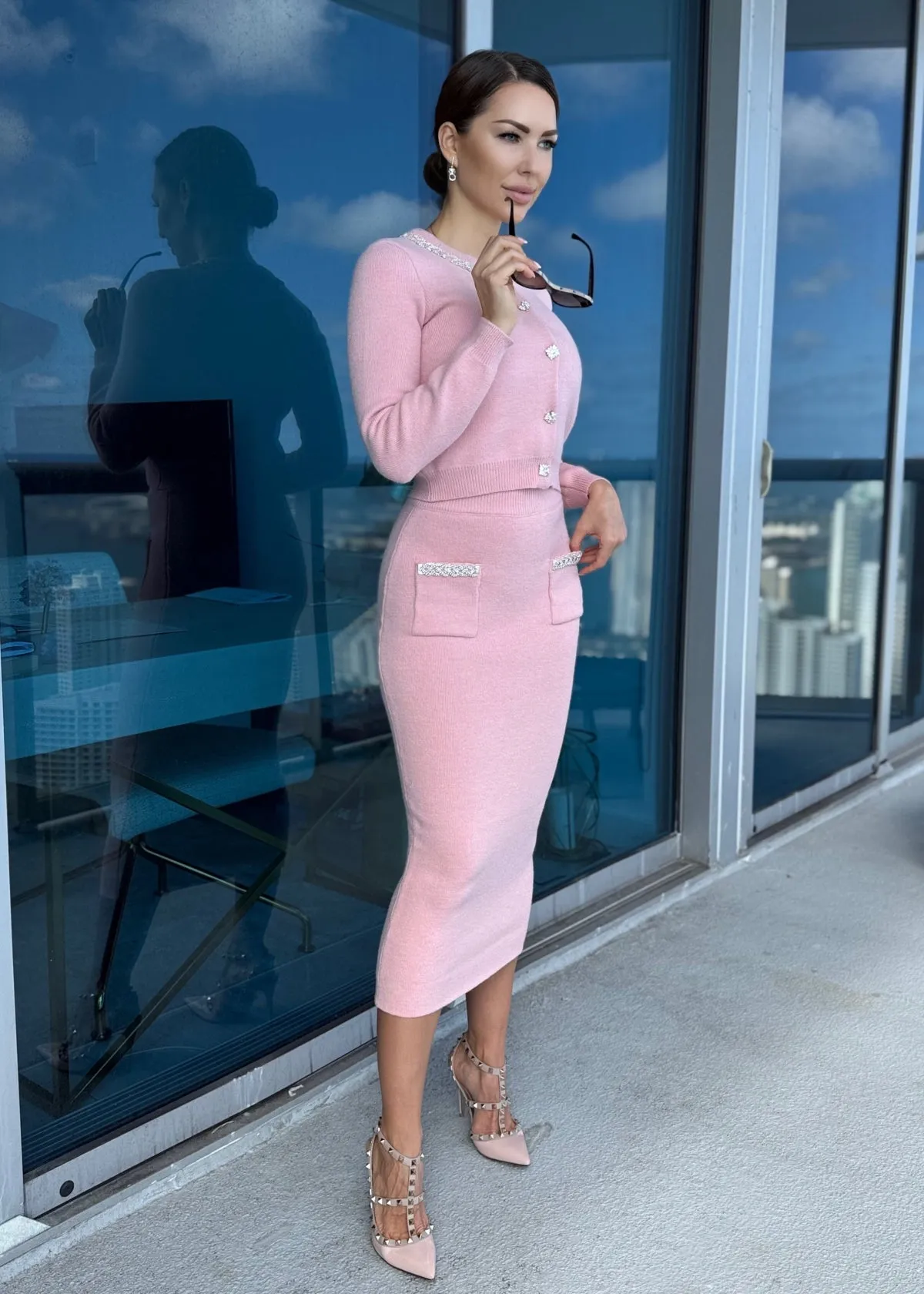 Kim Midi Skirt & Cardigan Set - Crystal Pink