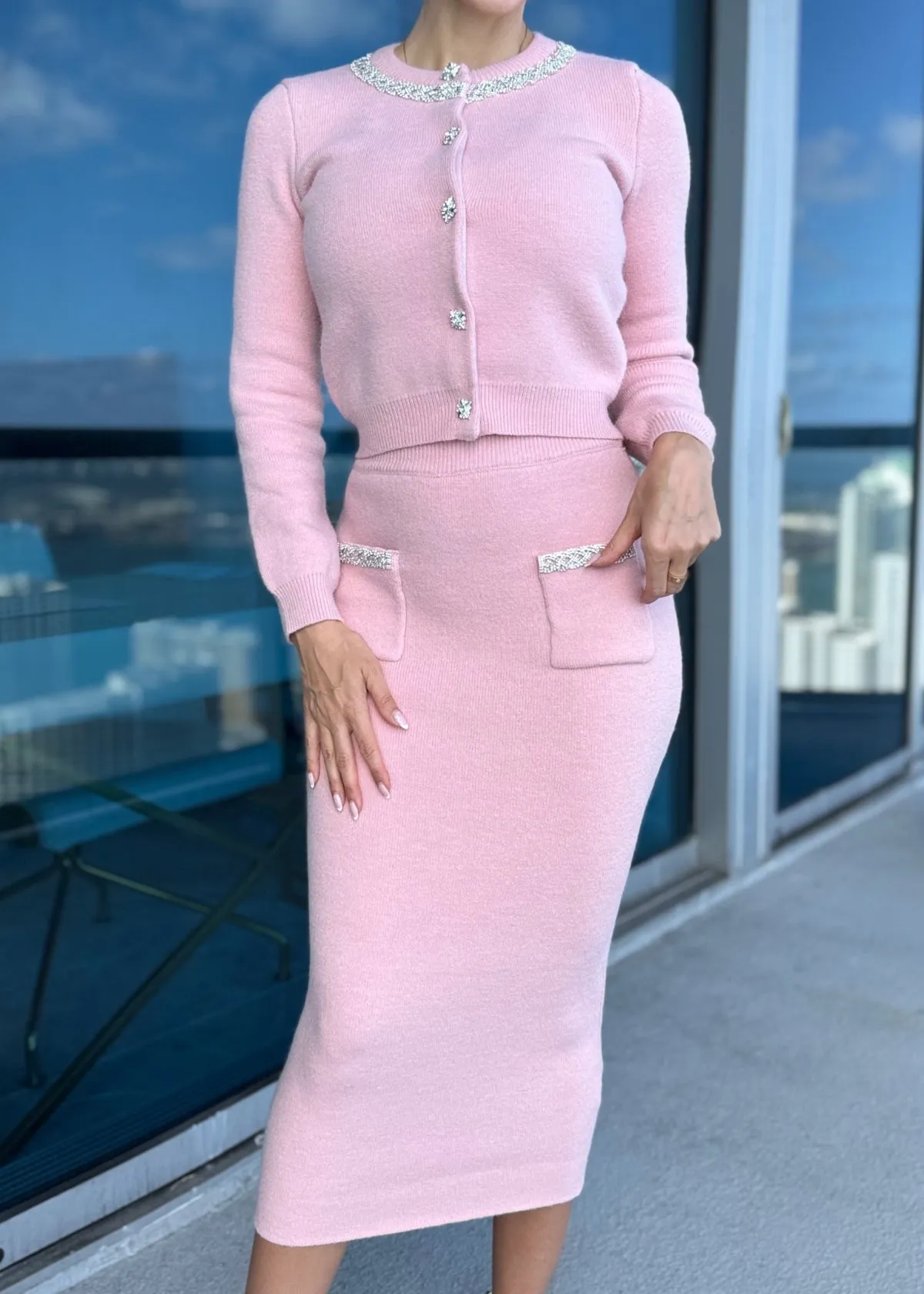 Kim Midi Skirt & Cardigan Set - Crystal Pink