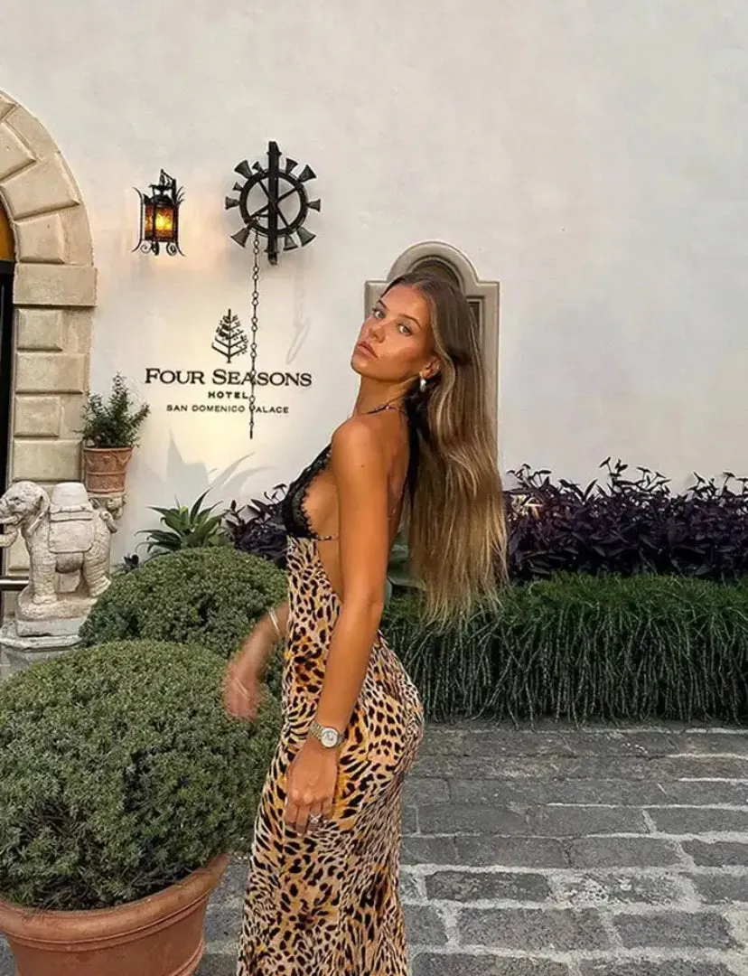 Leopard Print Black Lace V-Neck Maxi Dress