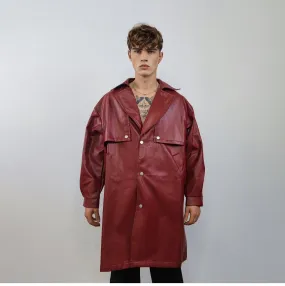 Mid length faux leather coat PU utility trench jacket gorpcore raver varsity going out rubbery high fashion puffer in burgundy red