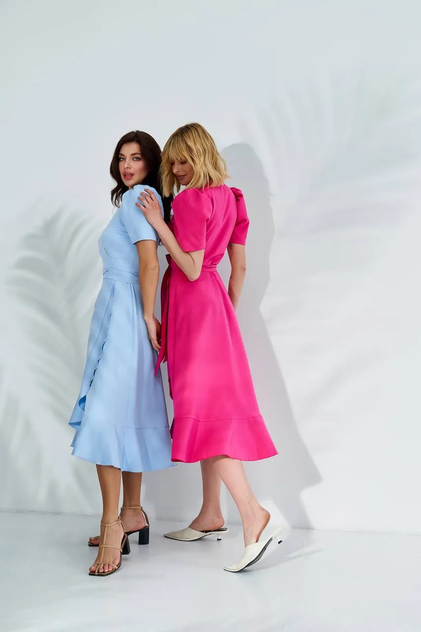 Sky-Blue Wrap Short Sleeve Midi Dress