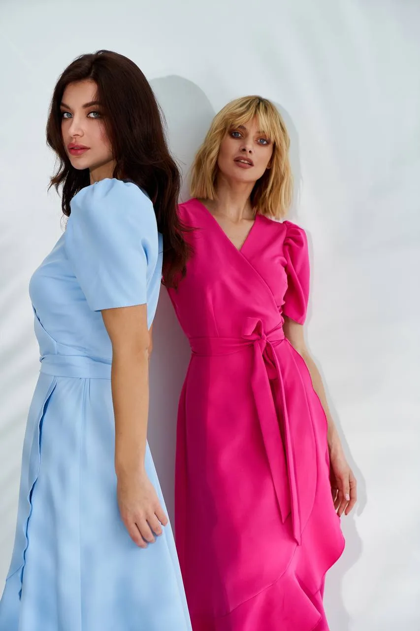 Sky-Blue Wrap Short Sleeve Midi Dress