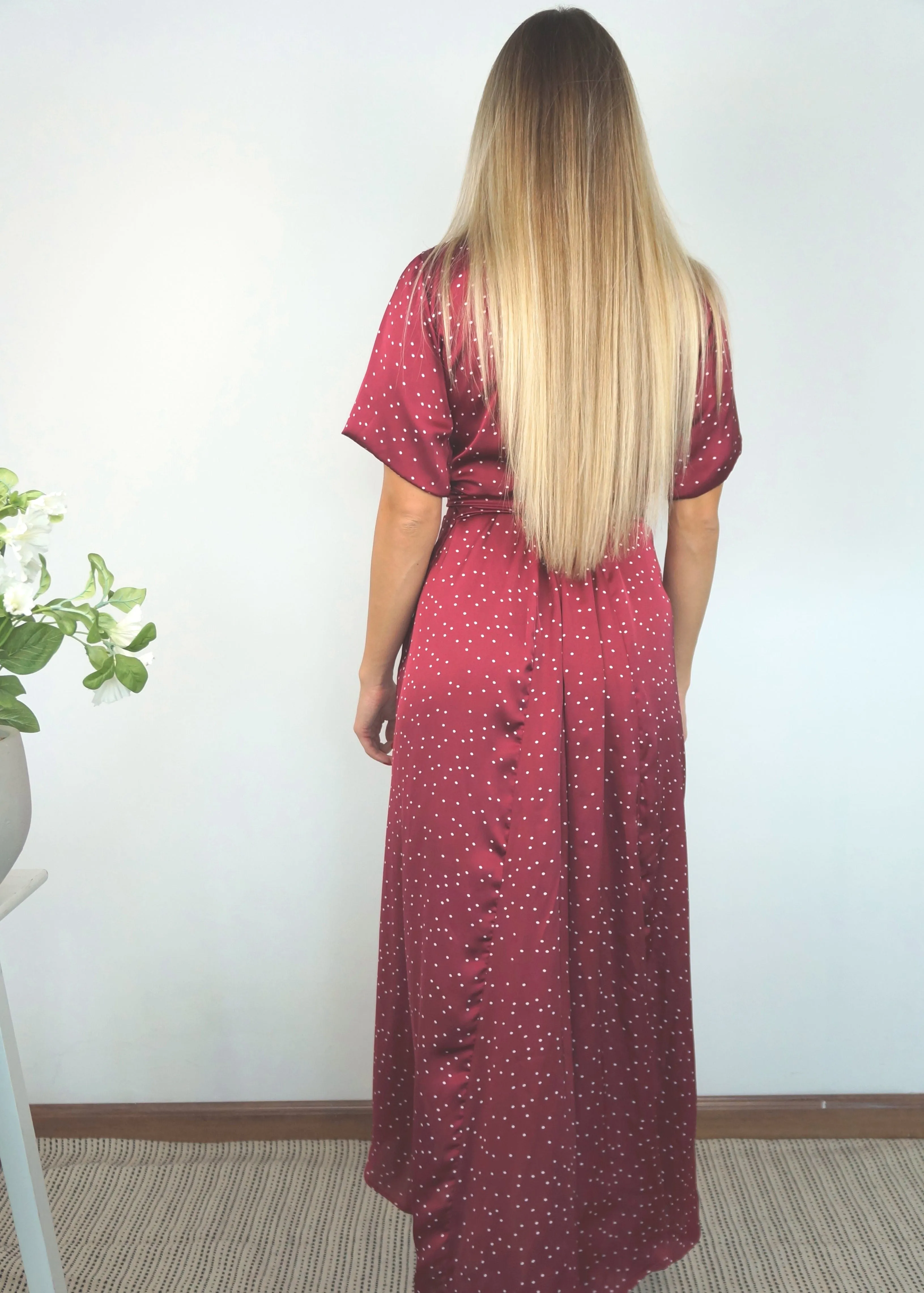 The Satin Wrap Dress - Merlot Polka