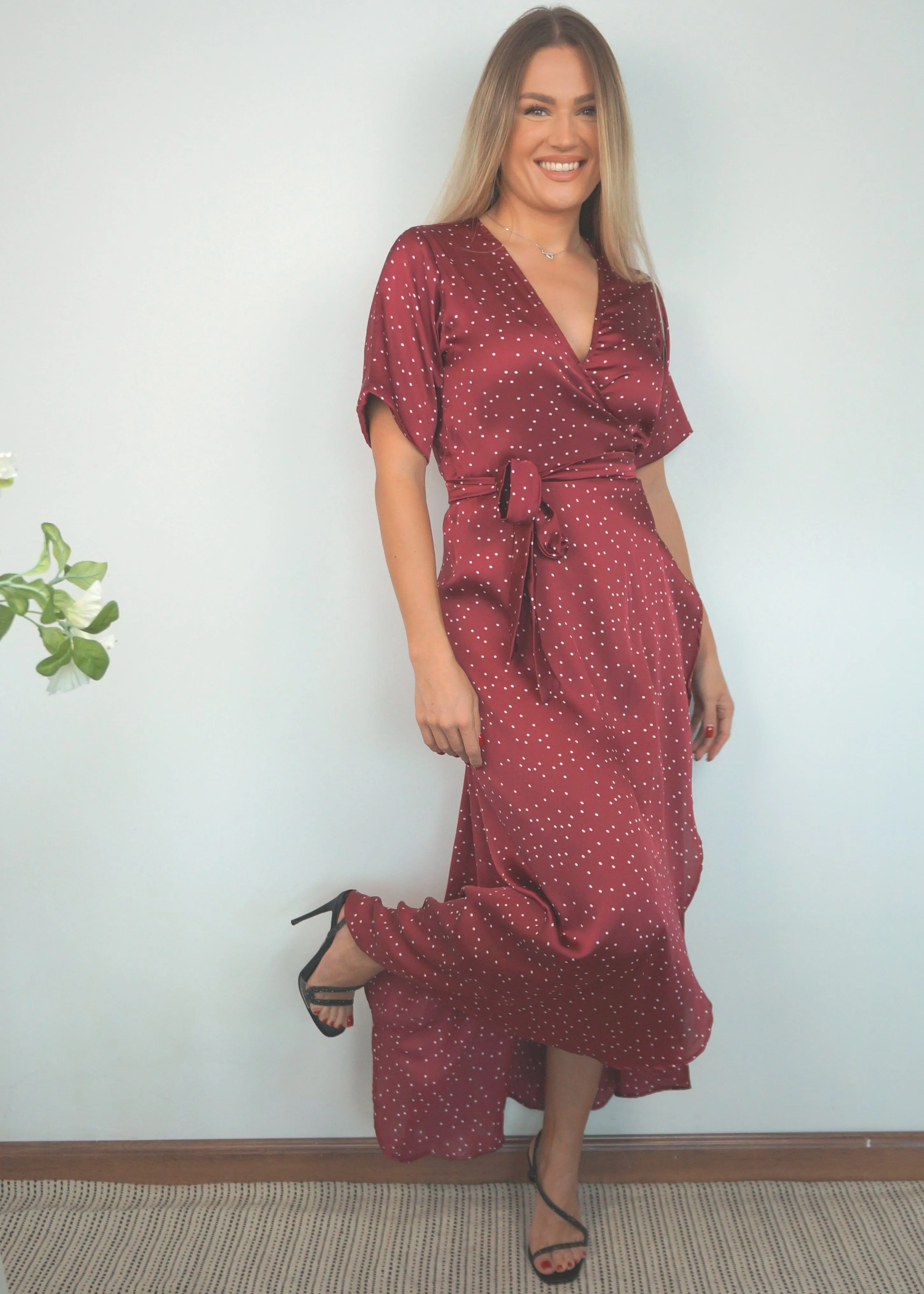 The Satin Wrap Dress - Merlot Polka