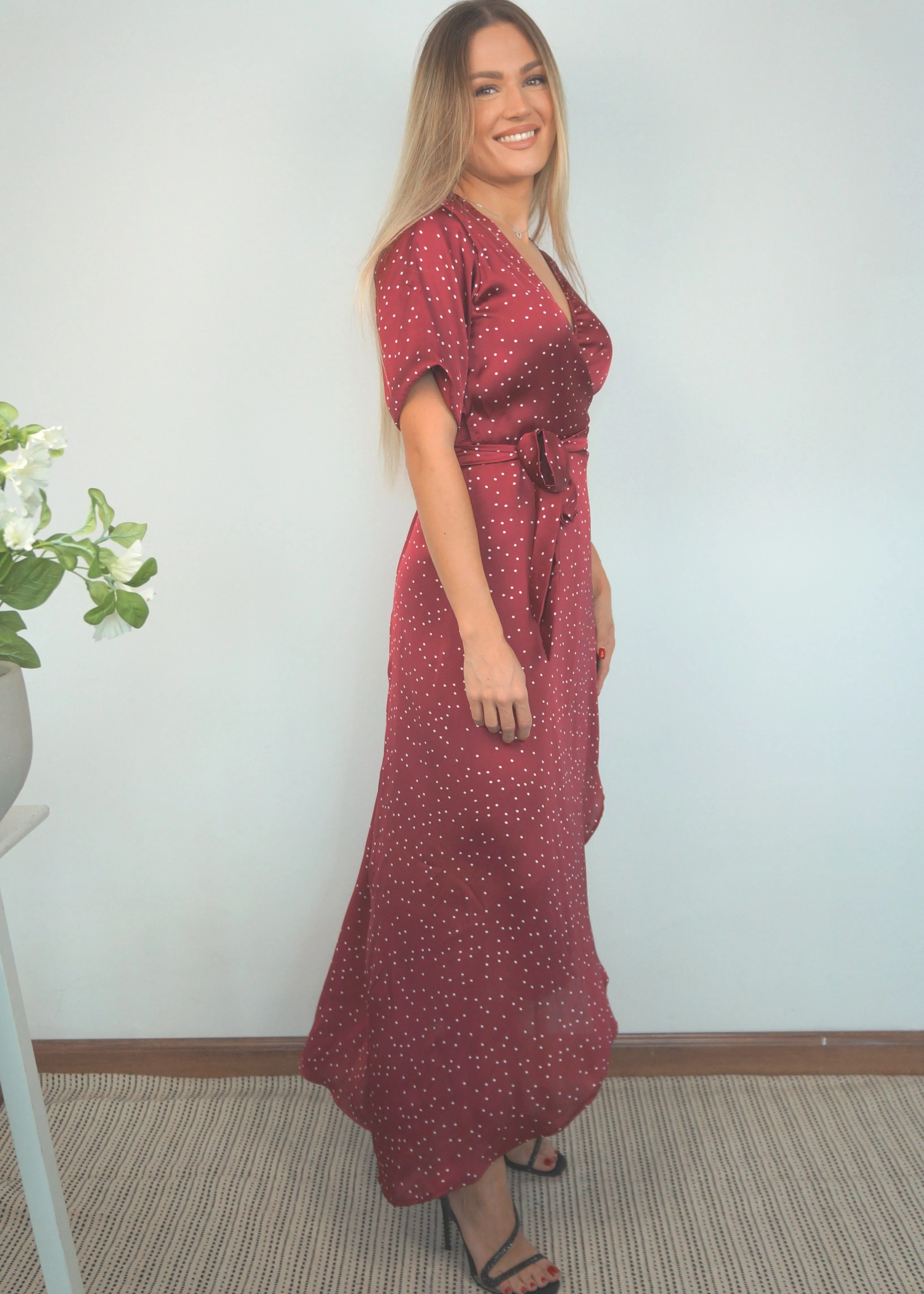 The Satin Wrap Dress - Merlot Polka