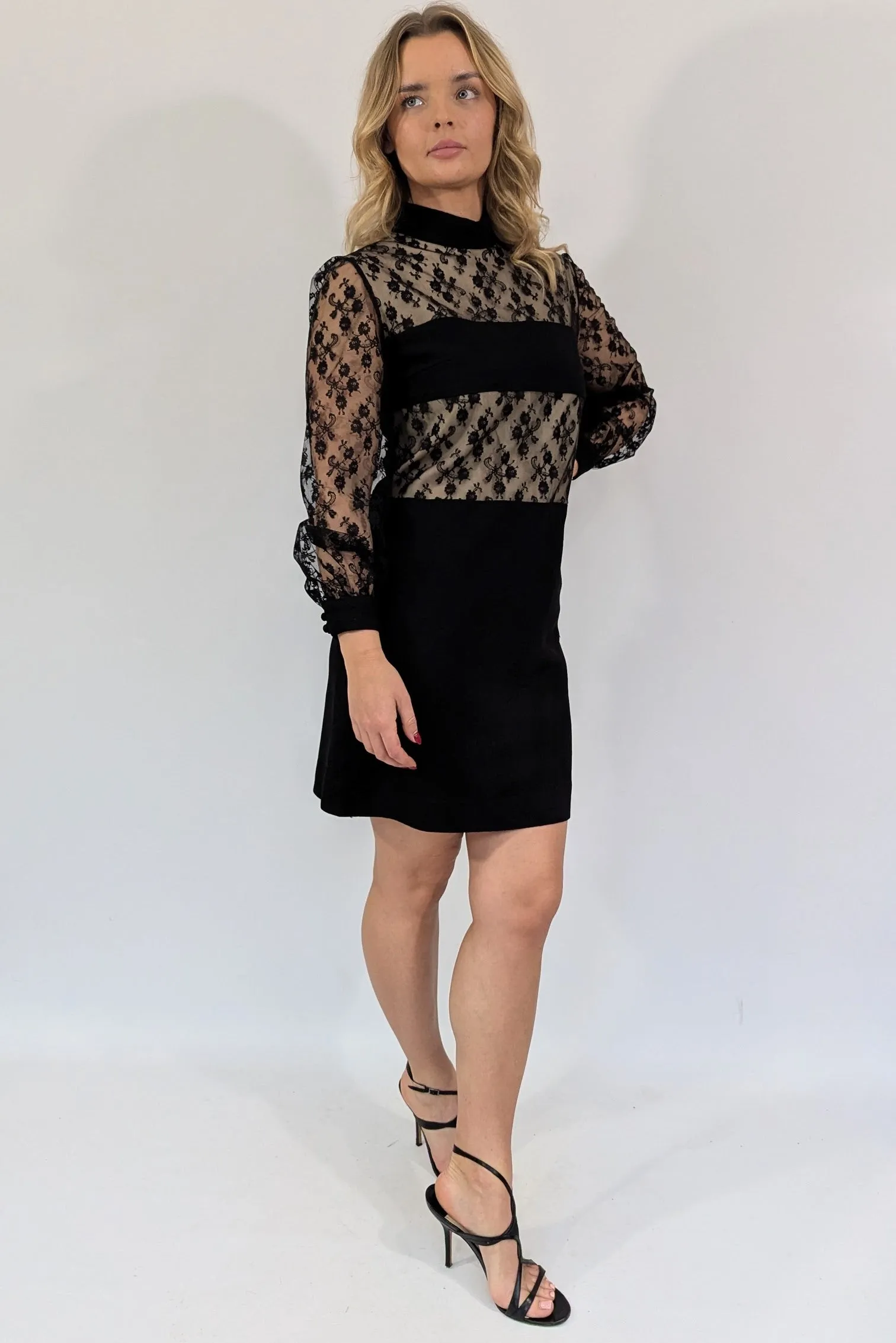 Vintage 1960s Frank Usher Long Sleeve Lace Mini Dress